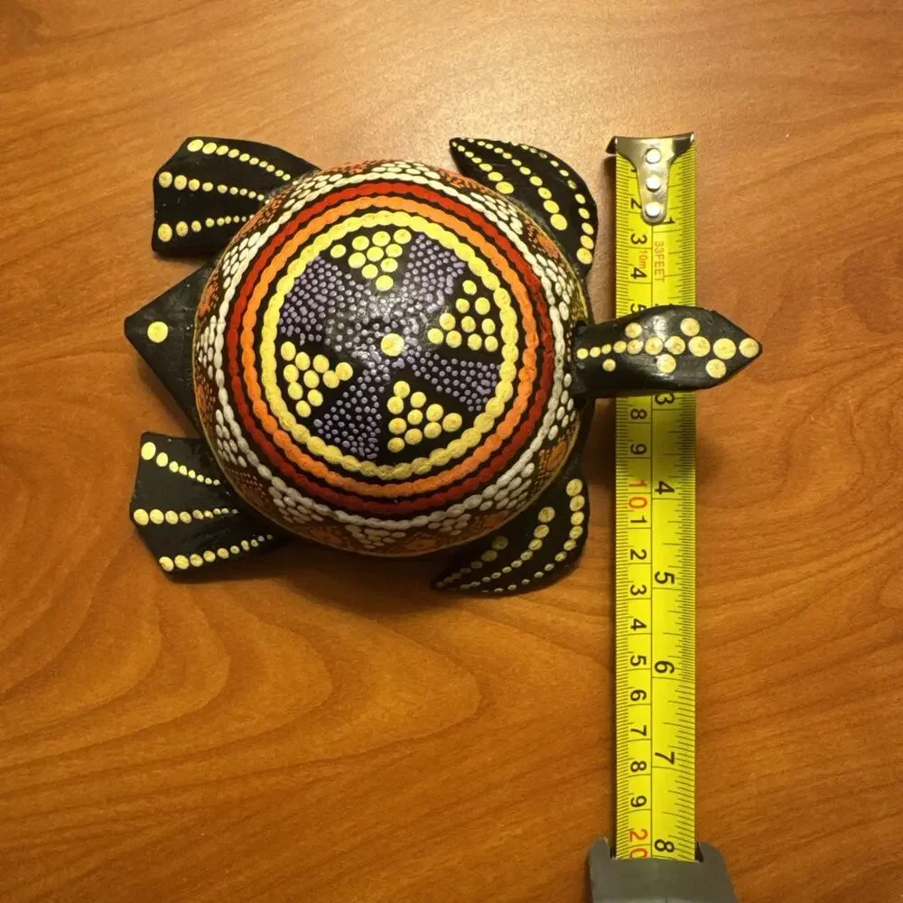 Handmade Hand-Painted Wooden Turtle Figurine Bali Dot Pattern Art -bobble head